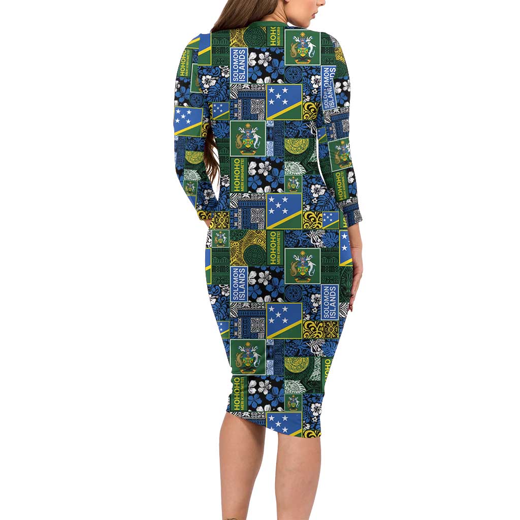 Solomon Islands Meri Kirihimete Long Sleeve Bodycon Dress Pacific Patchwork Xmas Vibes - Polynesian Pride