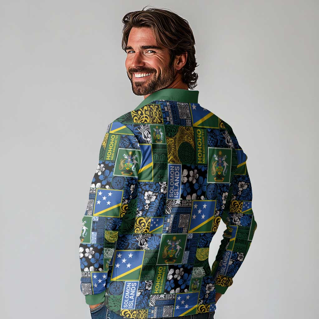 Solomon Islands Meri Kirihimete Long Sleeve Polo Shirt Pacific Patchwork Xmas Vibes - Polynesian Pride