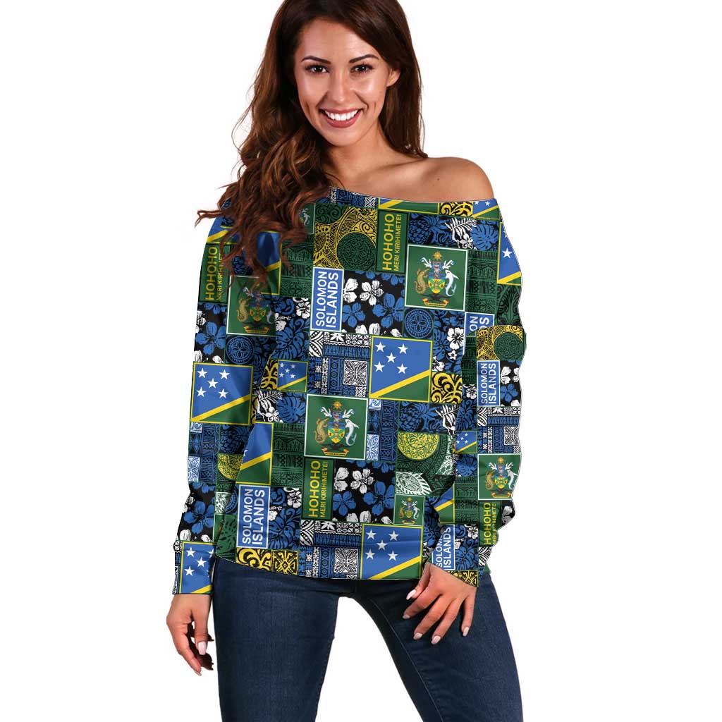 Solomon Islands Meri Kirihimete Off Shoulder Sweater Pacific Patchwork Xmas Vibes LT9 Women Blue - Polynesian Pride