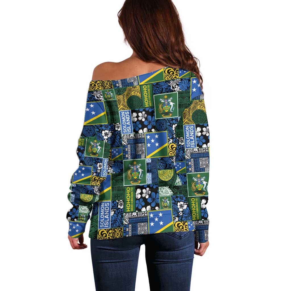 Solomon Islands Meri Kirihimete Off Shoulder Sweater Pacific Patchwork Xmas Vibes LT9 - Polynesian Pride