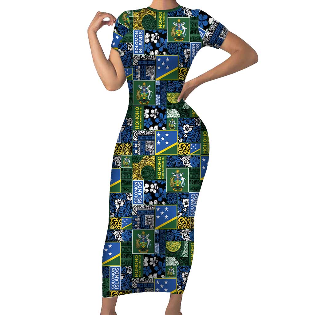Solomon Islands Meri Kirihimete Short Sleeve Bodycon Dress Pacific Patchwork Xmas Vibes - Polynesian Pride