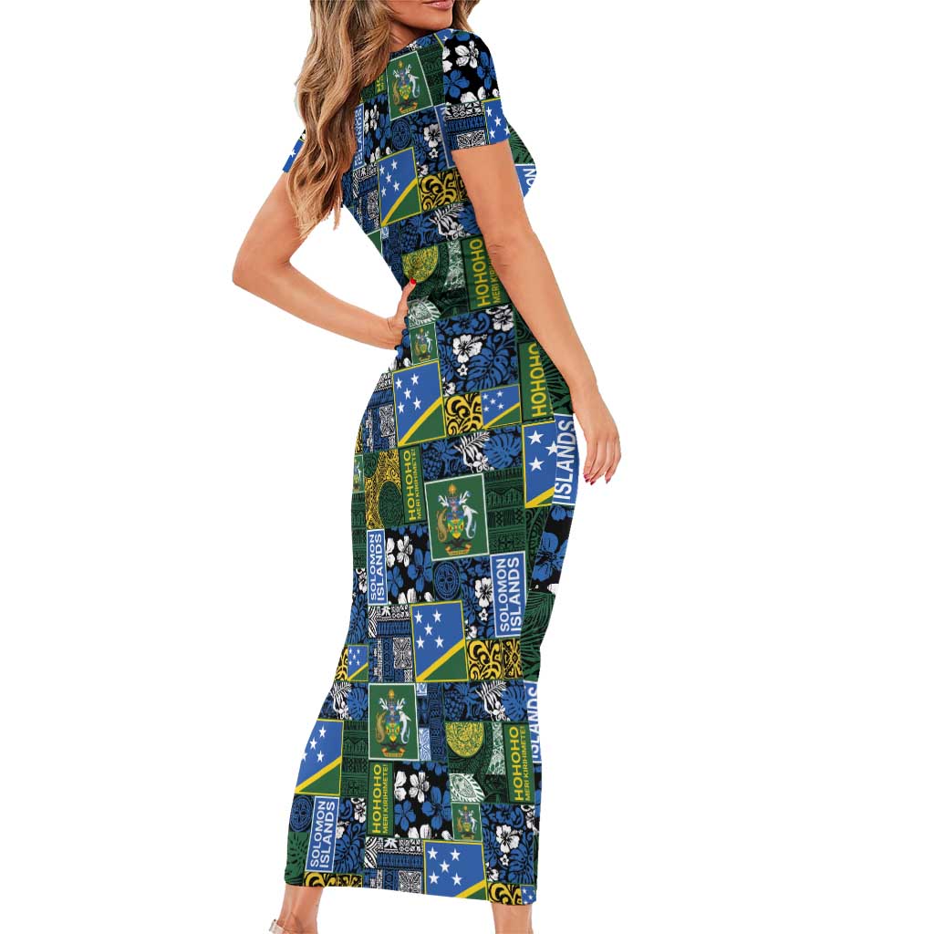 Solomon Islands Meri Kirihimete Short Sleeve Bodycon Dress Pacific Patchwork Xmas Vibes - Polynesian Pride