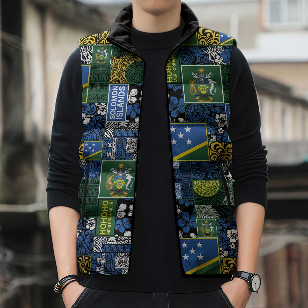 Solomon Islands Meri Kirihimete Sleeveless Puffer Jacket Pacific Patchwork Xmas Vibes - Polynesian Pride