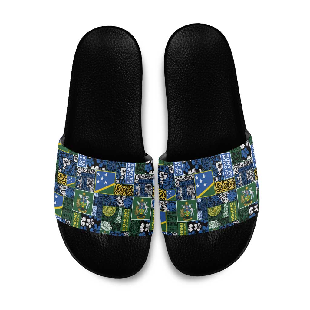 Solomon Islands Meri Kirihimete Slide Sandals Pacific Patchwork Xmas Vibes - Polynesian Pride
