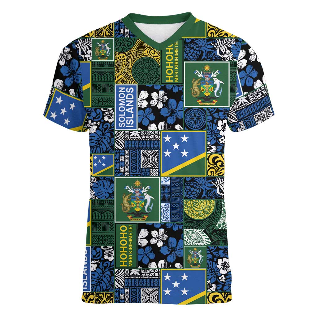 Solomon Islands Meri Kirihimete Women V-Neck T-Shirt Pacific Patchwork Xmas Vibes - Polynesian Pride