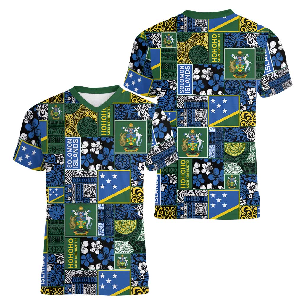 Solomon Islands Meri Kirihimete Women V-Neck T-Shirt Pacific Patchwork Xmas Vibes - Polynesian Pride