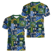 Solomon Islands Meri Kirihimete Women V-Neck T-Shirt Pacific Patchwork Xmas Vibes - Polynesian Pride