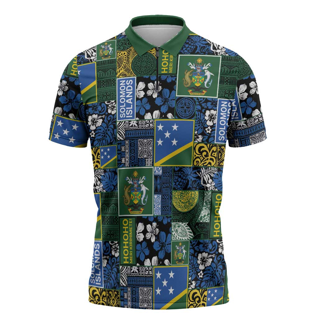 Solomon Islands Meri Kirihimete Zipper Polo Shirt Pacific Patchwork Xmas Vibes - Polynesian Pride