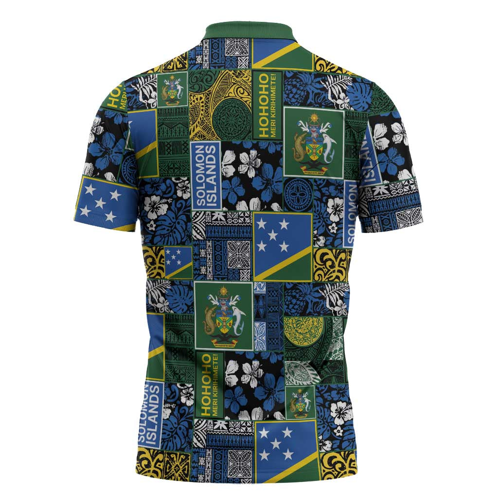 Solomon Islands Meri Kirihimete Zipper Polo Shirt Pacific Patchwork Xmas Vibes - Polynesian Pride