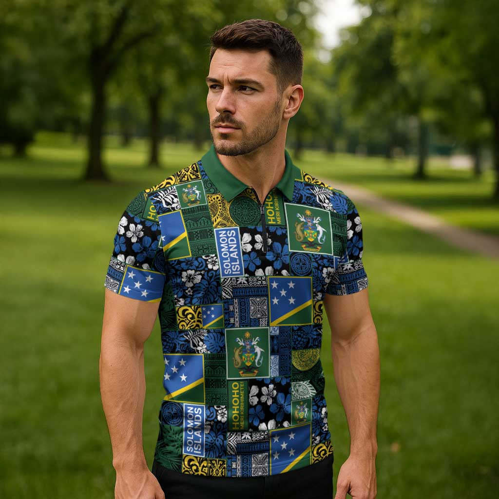 Solomon Islands Meri Kirihimete Zipper Polo Shirt Pacific Patchwork Xmas Vibes - Polynesian Pride
