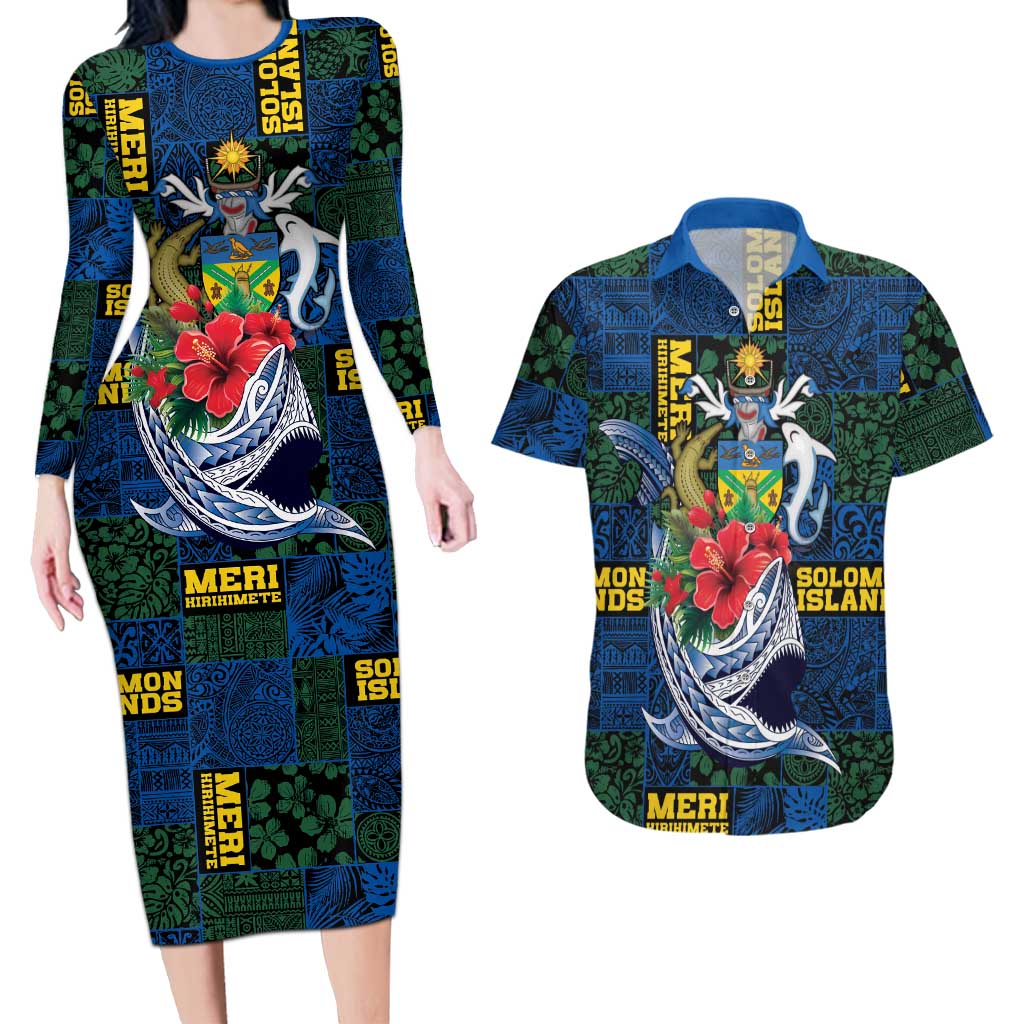 Solomon Islands Meri Kirihimete Couples Matching Long Sleeve Bodycon Dress and Hawaiian Shirt Funny Santa Riding Shark LT9 Blue - Polynesian Pride