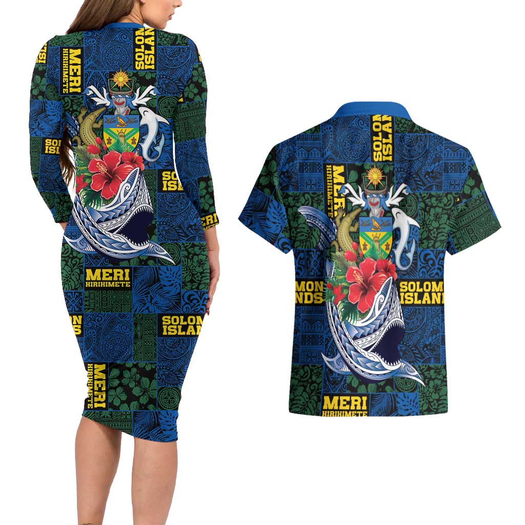 Solomon Islands Meri Kirihimete Couples Matching Long Sleeve Bodycon Dress and Hawaiian Shirt Funny Santa Riding Shark LT9 - Polynesian Pride