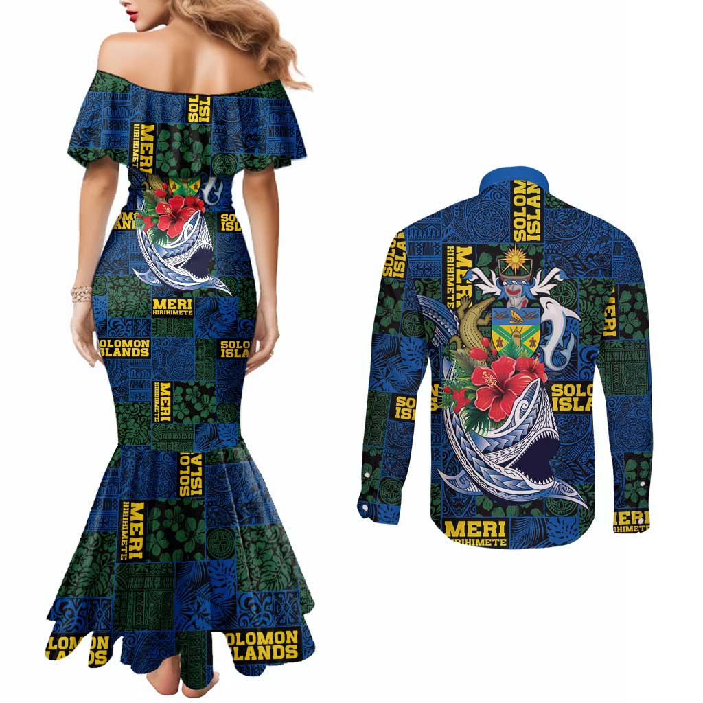 Solomon Islands Meri Kirihimete Couples Matching Mermaid Dress and Long Sleeve Button Shirt Funny Santa Riding Shark LT9 - Polynesian Pride