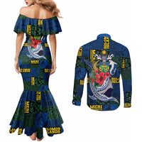 Solomon Islands Meri Kirihimete Couples Matching Mermaid Dress and Long Sleeve Button Shirt Funny Santa Riding Shark LT9 - Polynesian Pride
