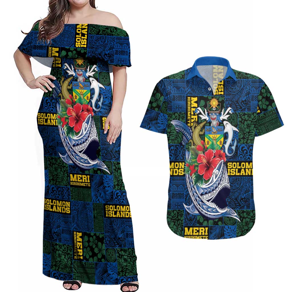 Solomon Islands Meri Kirihimete Couples Matching Off Shoulder Maxi Dress and Hawaiian Shirt Funny Santa Riding Shark LT9 Blue - Polynesian Pride