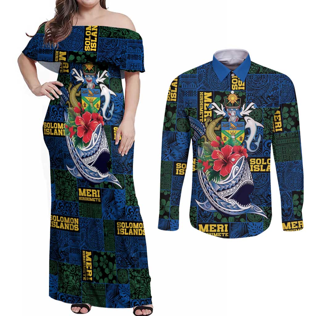 Solomon Islands Meri Kirihimete Couples Matching Off Shoulder Maxi Dress and Long Sleeve Button Shirt Funny Santa Riding Shark - Polynesian Pride