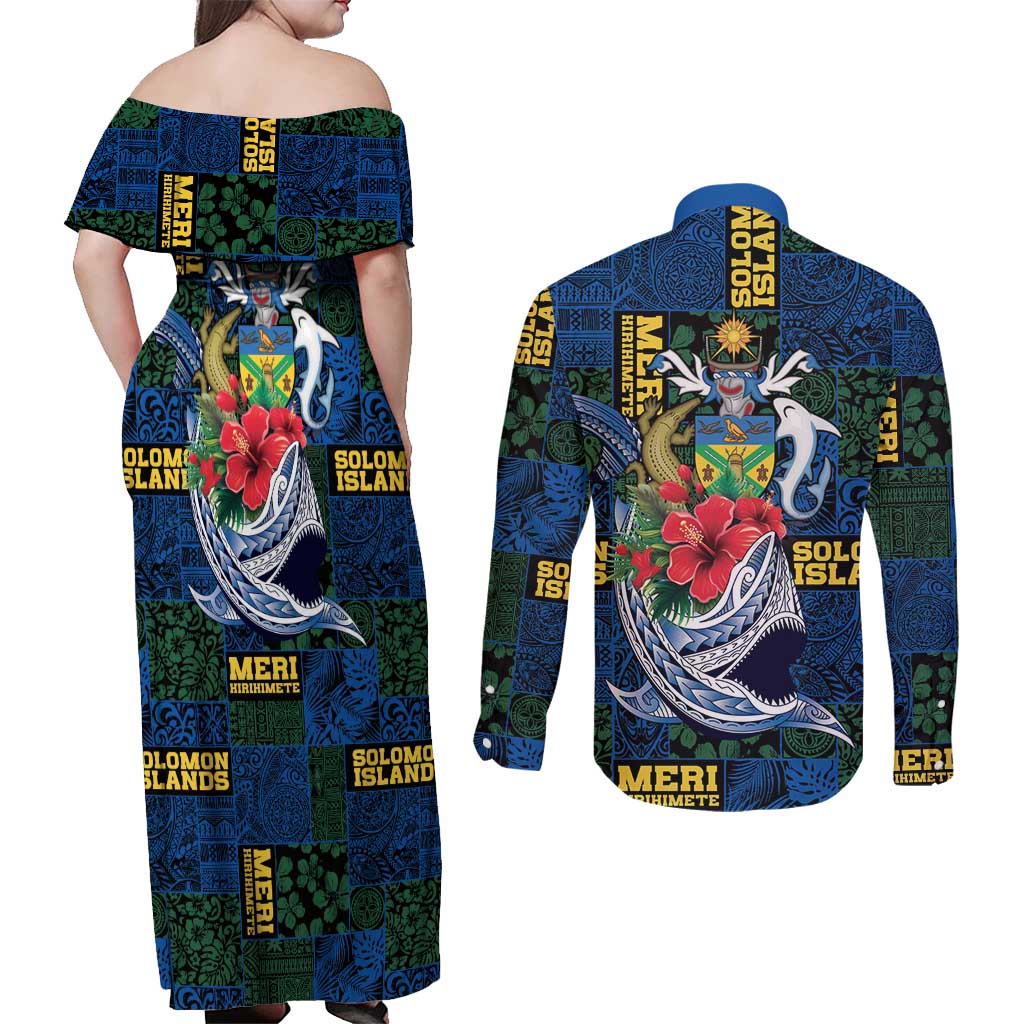 Solomon Islands Meri Kirihimete Couples Matching Off Shoulder Maxi Dress and Long Sleeve Button Shirt Funny Santa Riding Shark LT9 - Polynesian Pride