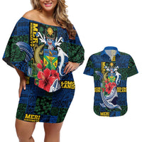 Solomon Islands Meri Kirihimete Couples Matching Off Shoulder Short Dress and Hawaiian Shirt Funny Santa Riding Shark LT9 Blue - Polynesian Pride