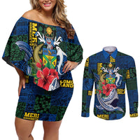 Solomon Islands Meri Kirihimete Couples Matching Off Shoulder Short Dress and Long Sleeve Button Shirt Funny Santa Riding Shark LT9 Blue - Polynesian Pride