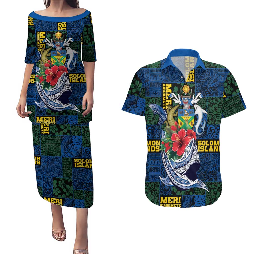 Solomon Islands Meri Kirihimete Couples Matching Puletasi and Hawaiian Shirt Funny Santa Riding Shark LT9 Blue - Polynesian Pride
