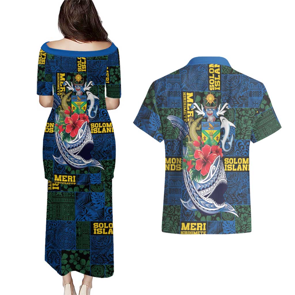 Solomon Islands Meri Kirihimete Couples Matching Puletasi and Hawaiian Shirt Funny Santa Riding Shark LT9 - Polynesian Pride