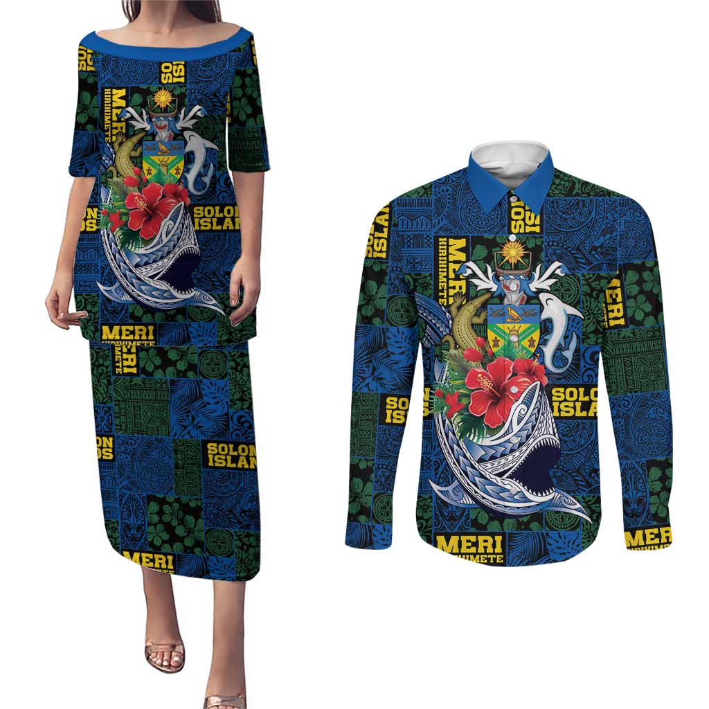 Solomon Islands Meri Kirihimete Couples Matching Puletasi and Long Sleeve Button Shirt Funny Santa Riding Shark LT9 Blue - Polynesian Pride