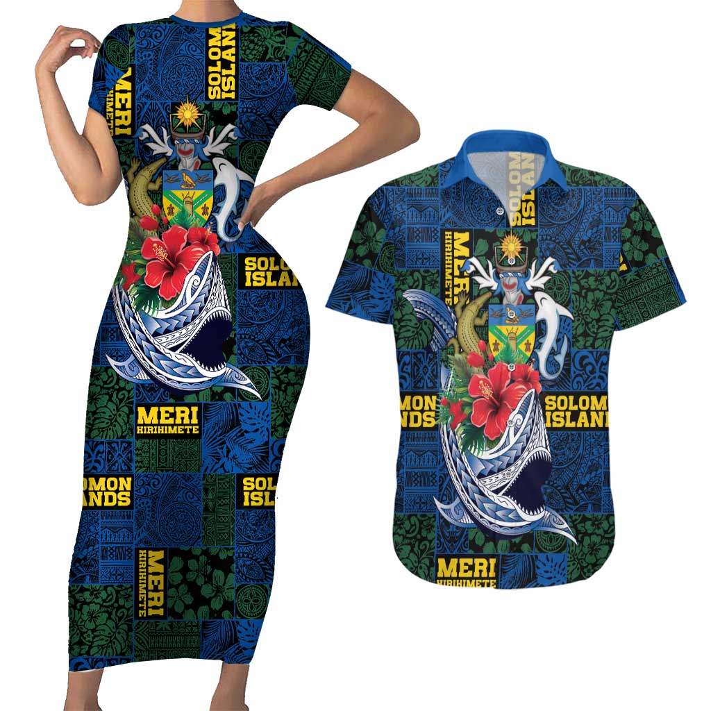 Solomon Islands Meri Kirihimete Couples Matching Short Sleeve Bodycon Dress and Hawaiian Shirt Funny Santa Riding Shark LT9 Blue - Polynesian Pride