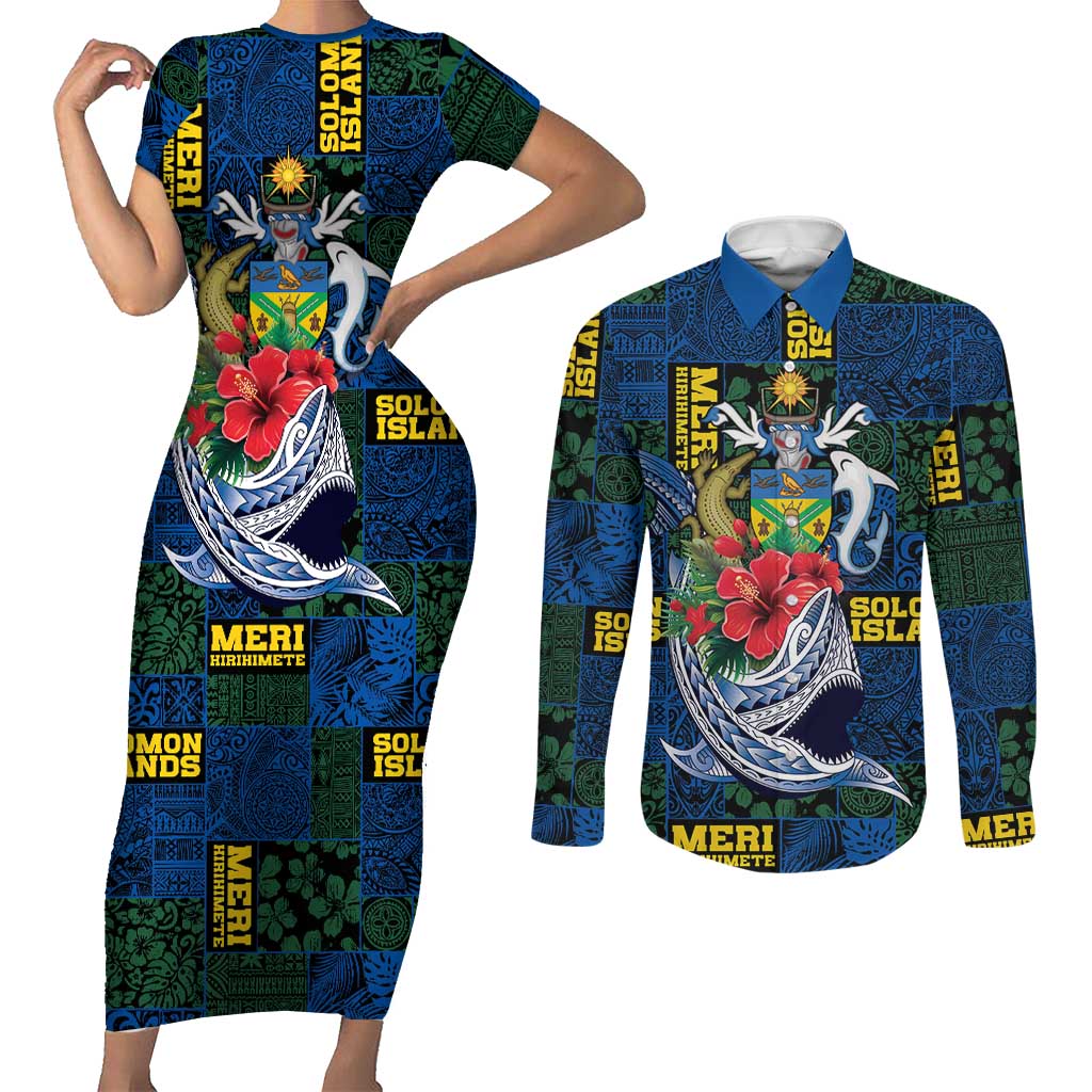 Solomon Islands Meri Kirihimete Couples Matching Short Sleeve Bodycon Dress and Long Sleeve Button Shirt Funny Santa Riding Shark - Polynesian Pride