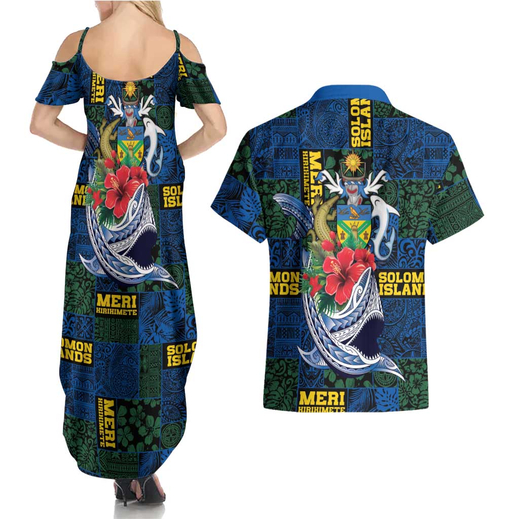 Solomon Islands Meri Kirihimete Couples Matching Summer Maxi Dress and Hawaiian Shirt Funny Santa Riding Shark LT9 - Polynesian Pride
