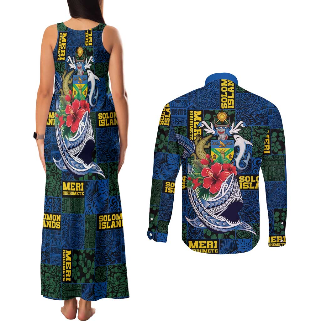 Solomon Islands Meri Kirihimete Couples Matching Tank Maxi Dress and Long Sleeve Button Shirt Funny Santa Riding Shark LT9 - Polynesian Pride