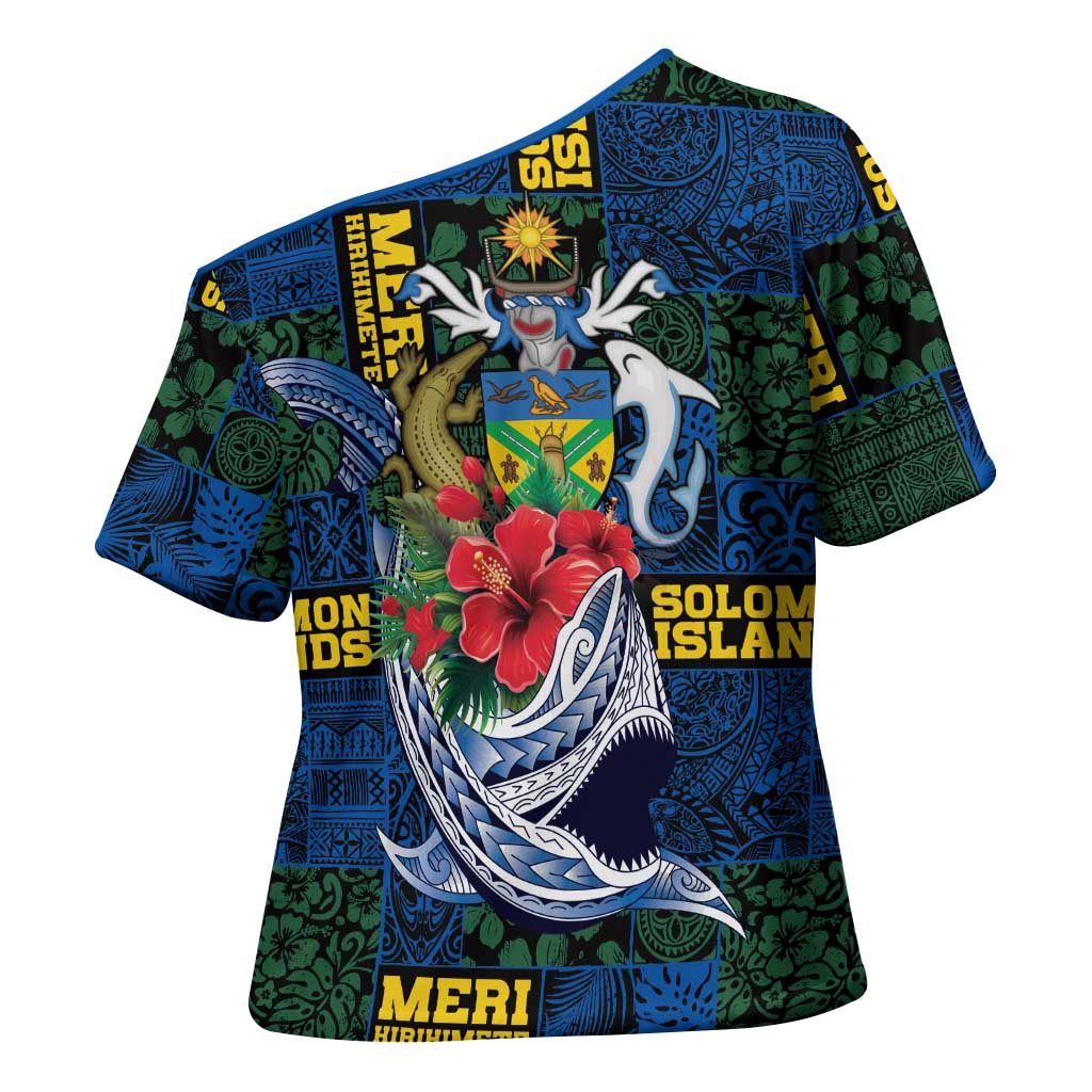 Solomon Islands Meri Kirihimete Cross Shoulder Shirt Funny Santa Riding Shark - Polynesian Pride