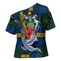 Solomon Islands Meri Kirihimete Cross Shoulder Shirt Funny Santa Riding Shark - Polynesian Pride
