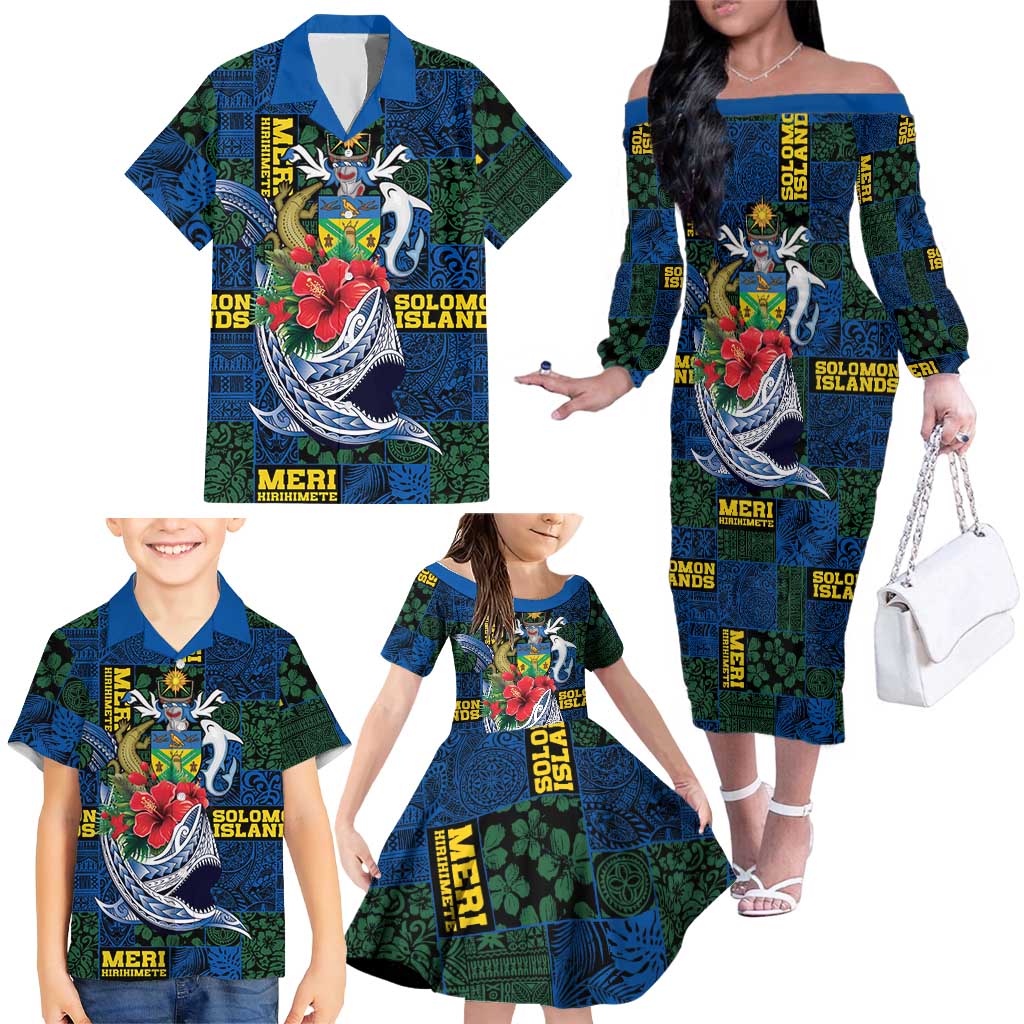 Solomon Islands Meri Kirihimete Family Matching Off The Shoulder Long Sleeve Dress and Hawaiian Shirt Funny Santa Riding Shark LT9 - Polynesian Pride