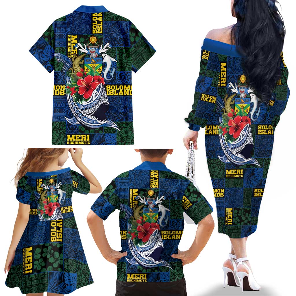 Solomon Islands Meri Kirihimete Family Matching Off The Shoulder Long Sleeve Dress and Hawaiian Shirt Funny Santa Riding Shark LT9 - Polynesian Pride