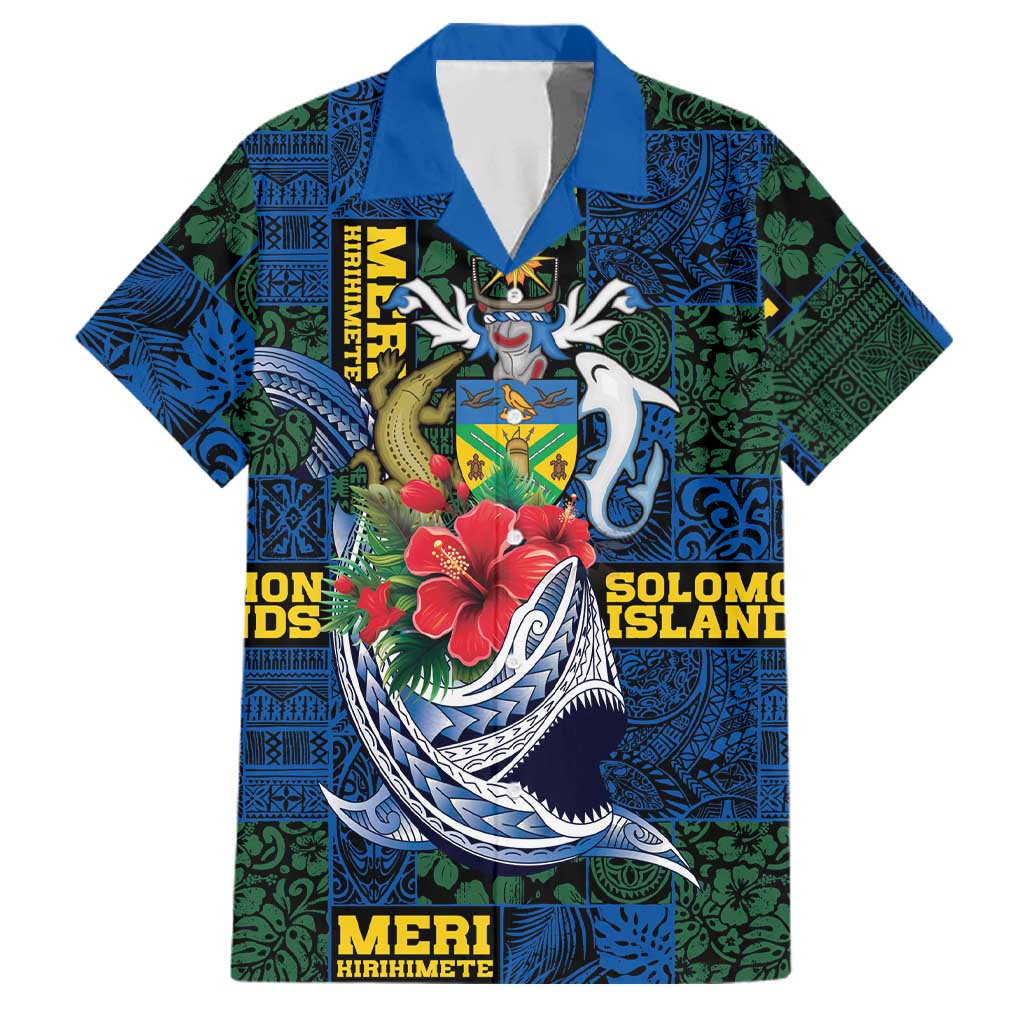 Solomon Islands Meri Kirihimete Family Matching Off Shoulder Maxi Dress and Hawaiian Shirt Funny Santa Riding Shark LT9 Dad's Shirt - Short Sleeve Blue - Polynesian Pride
