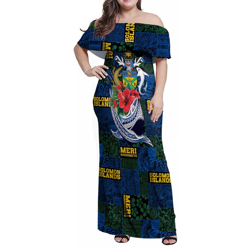 Solomon Islands Meri Kirihimete Family Matching Off Shoulder Maxi Dress and Hawaiian Shirt Funny Santa Riding Shark LT9 Mom's Dress Blue - Polynesian Pride