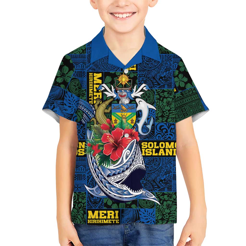 Solomon Islands Meri Kirihimete Family Matching Off Shoulder Maxi Dress and Hawaiian Shirt Funny Santa Riding Shark LT9 Son's Shirt Blue - Polynesian Pride