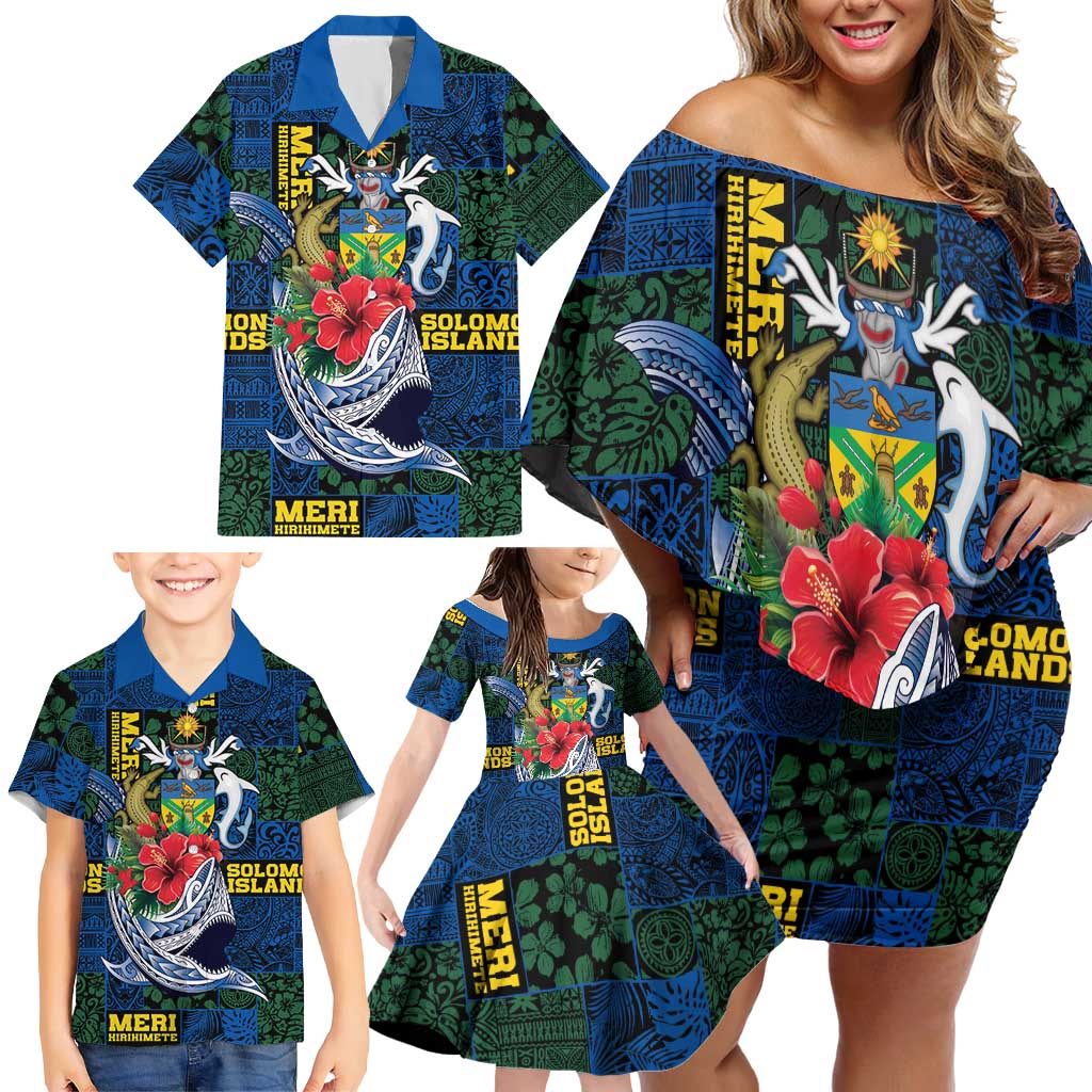 Solomon Islands Meri Kirihimete Family Matching Off Shoulder Short Dress and Hawaiian Shirt Funny Santa Riding Shark LT9 - Polynesian Pride