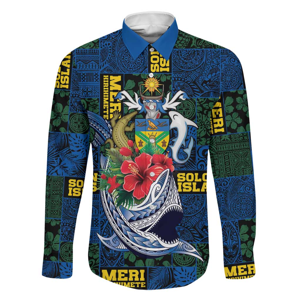 Solomon Islands Meri Kirihimete Family Matching Off Shoulder Short Dress and Hawaiian Shirt Funny Santa Riding Shark LT9 Dad's Shirt - Long Sleeve Blue - Polynesian Pride
