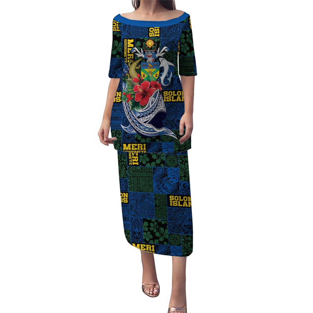 Solomon Islands Meri Kirihimete Family Matching Puletasi and Hawaiian Shirt Funny Santa Riding Shark LT9 Mom's Dress Blue - Polynesian Pride