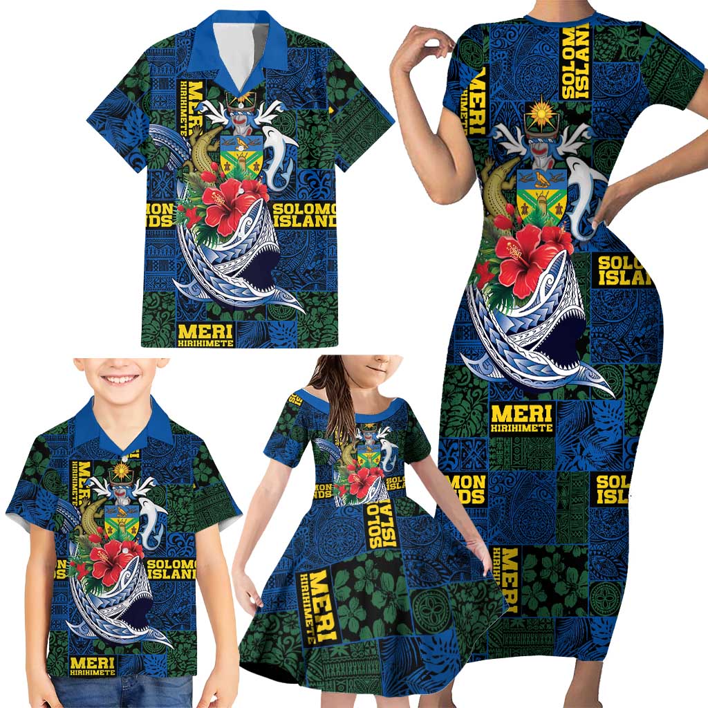 Solomon Islands Meri Kirihimete Family Matching Short Sleeve Bodycon Dress and Hawaiian Shirt Funny Santa Riding Shark - Polynesian Pride
