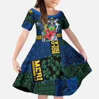 Solomon Islands Meri Kirihimete Kid Short Sleeve Dress Funny Santa Riding Shark - Polynesian Pride