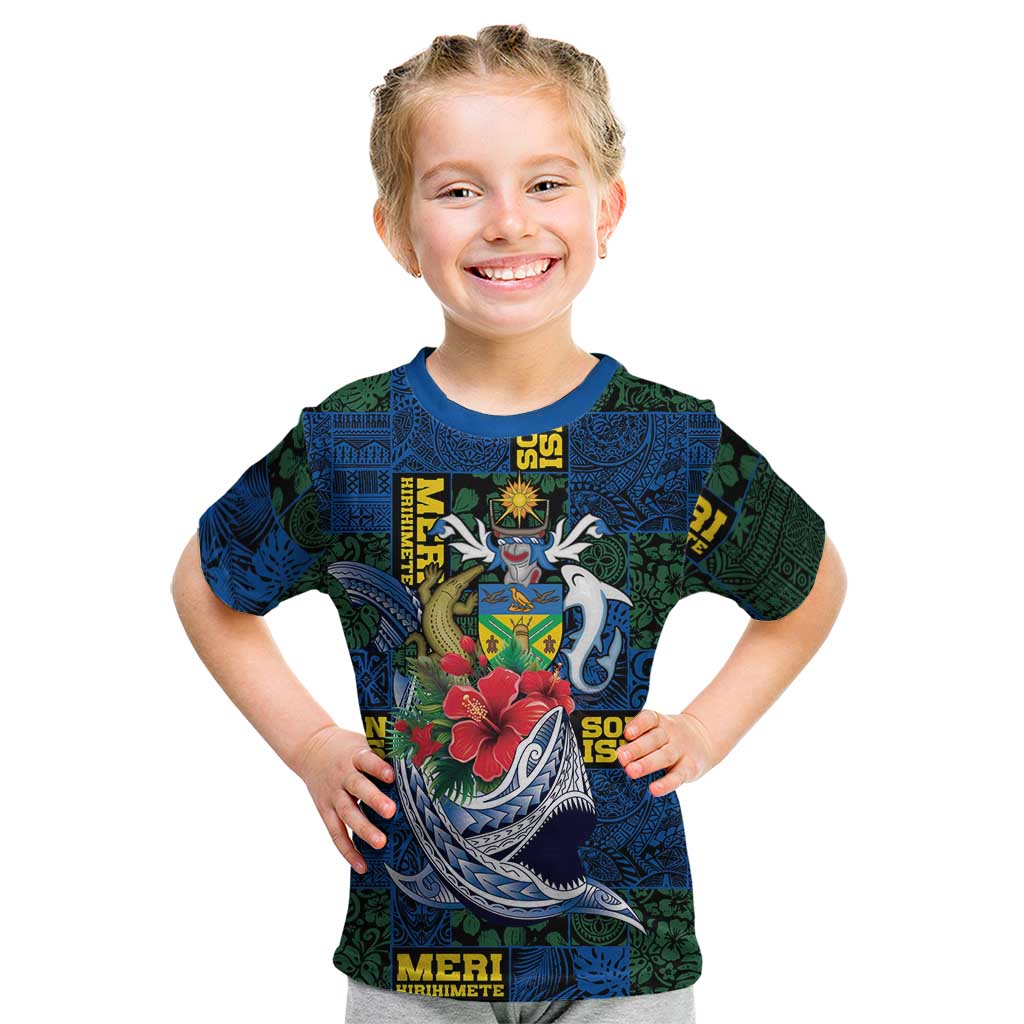 Solomon Islands Meri Kirihimete Kid T Shirt Funny Santa Riding Shark - Polynesian Pride