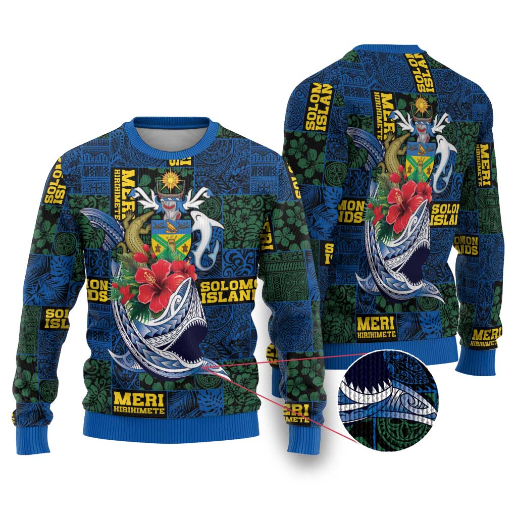Solomon Islands Meri Kirihimete Ugly Christmas Sweater Funny Santa Riding Shark LT9 Blue - Polynesian Pride