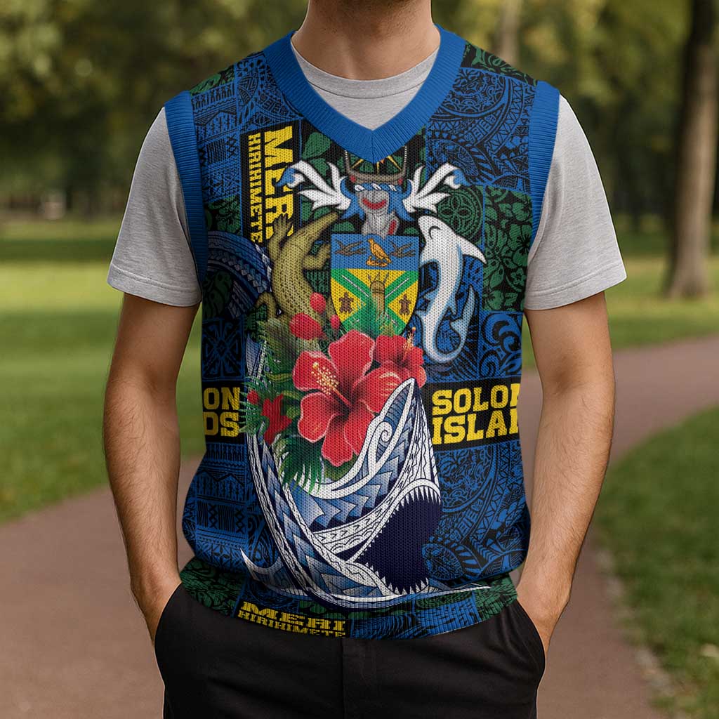 Solomon Islands Meri Kirihimete Christmas Knitted V-Neck Vest Funny Santa Riding Shark LT9 - Polynesian Pride