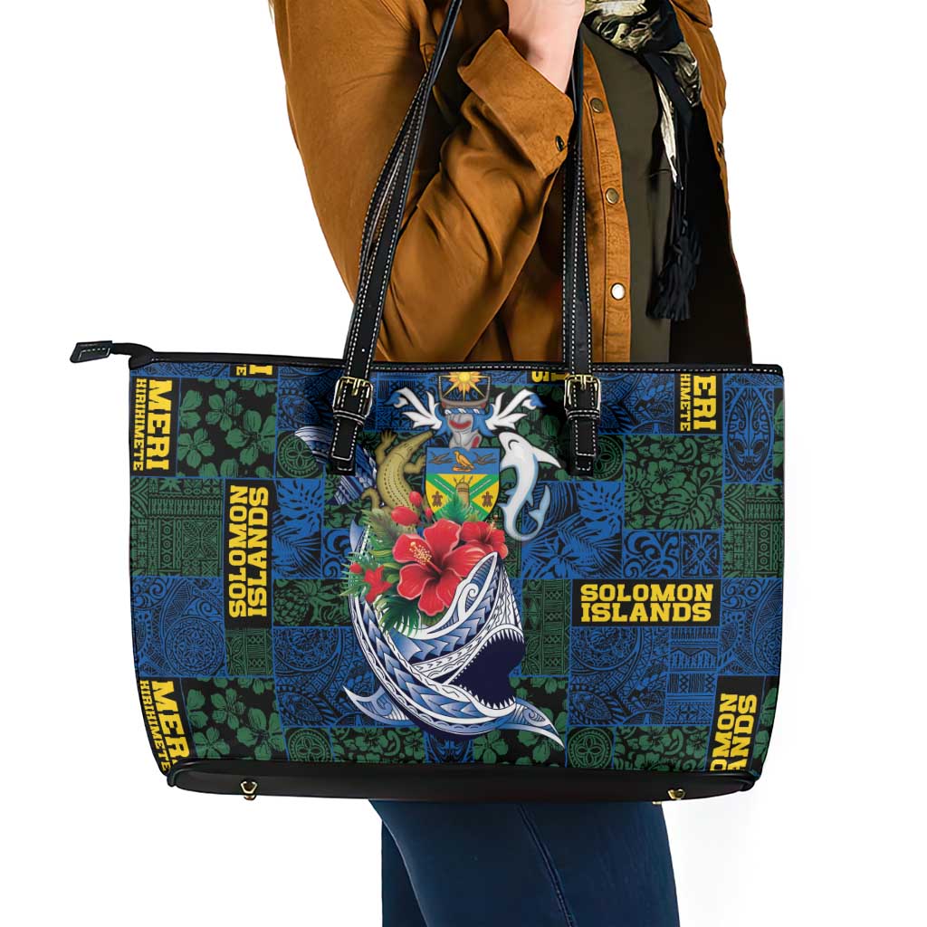 Solomon Islands Meri Kirihimete Leather Tote Bag Funny Santa Riding Shark - Polynesian Pride