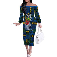Solomon Islands Meri Kirihimete Off The Shoulder Long Sleeve Dress Funny Santa Riding Shark LT9 Women Blue - Polynesian Pride