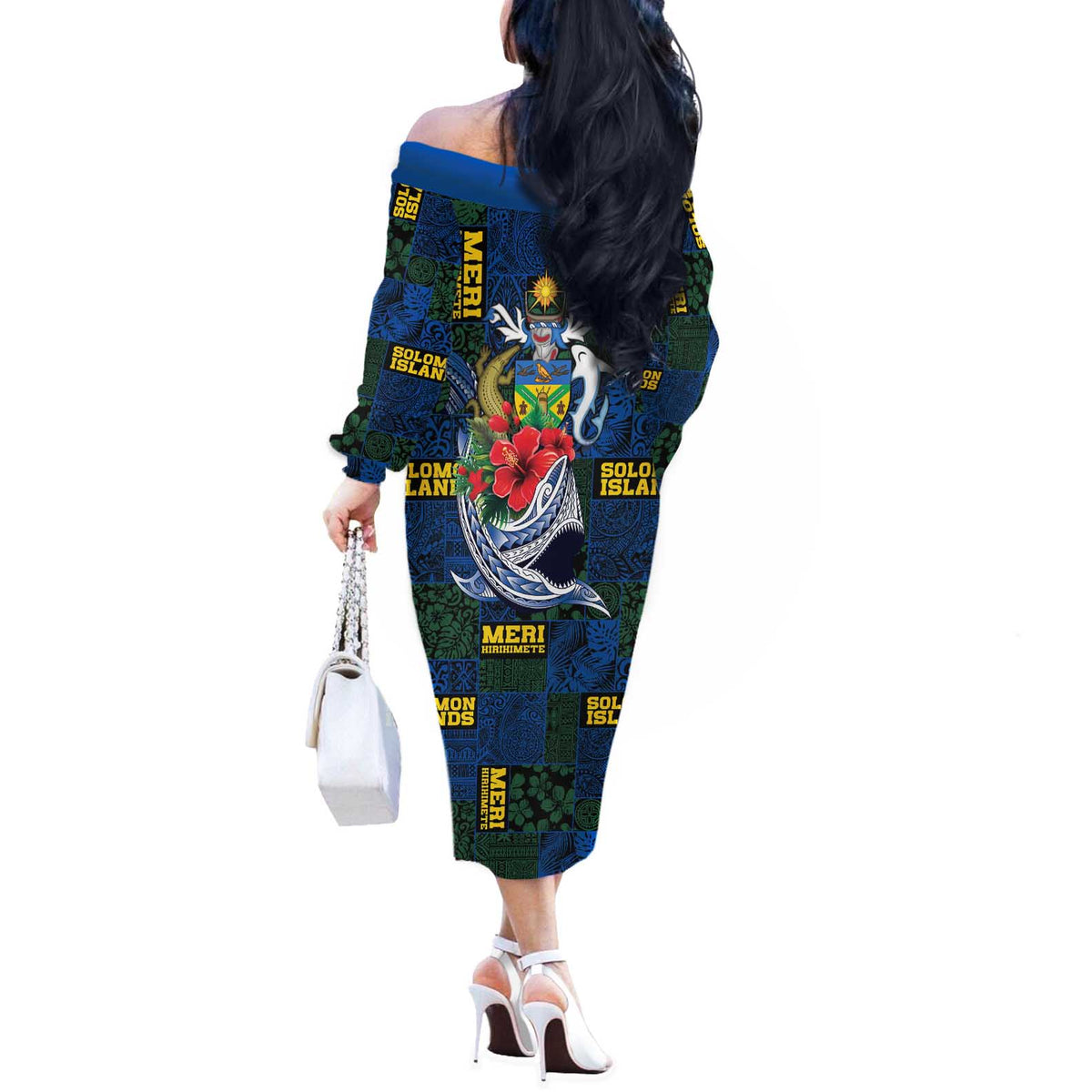 Solomon Islands Meri Kirihimete Off The Shoulder Long Sleeve Dress Funny Santa Riding Shark LT9 - Polynesian Pride