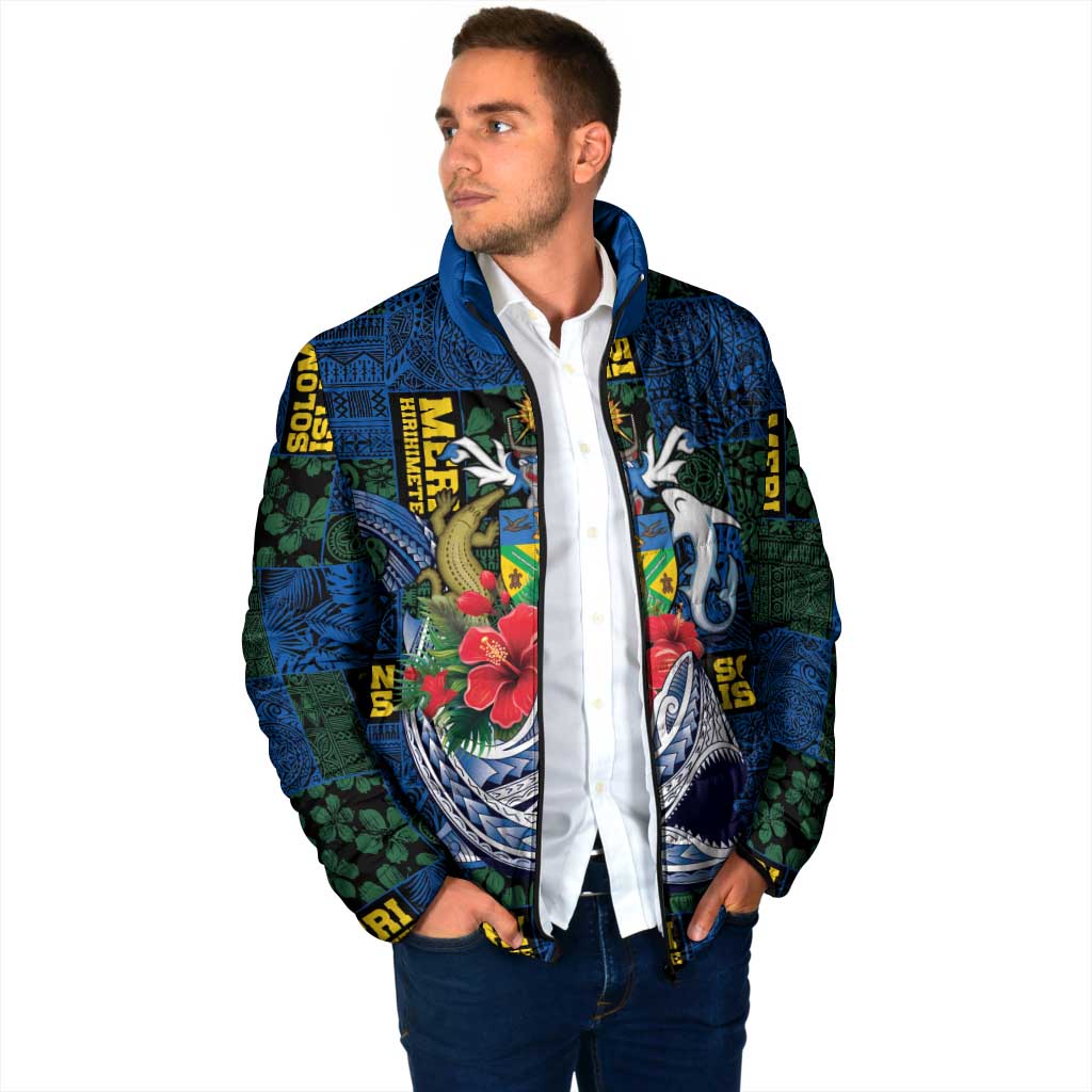Solomon Islands Meri Kirihimete Padded Jacket Funny Santa Riding Shark - Polynesian Pride