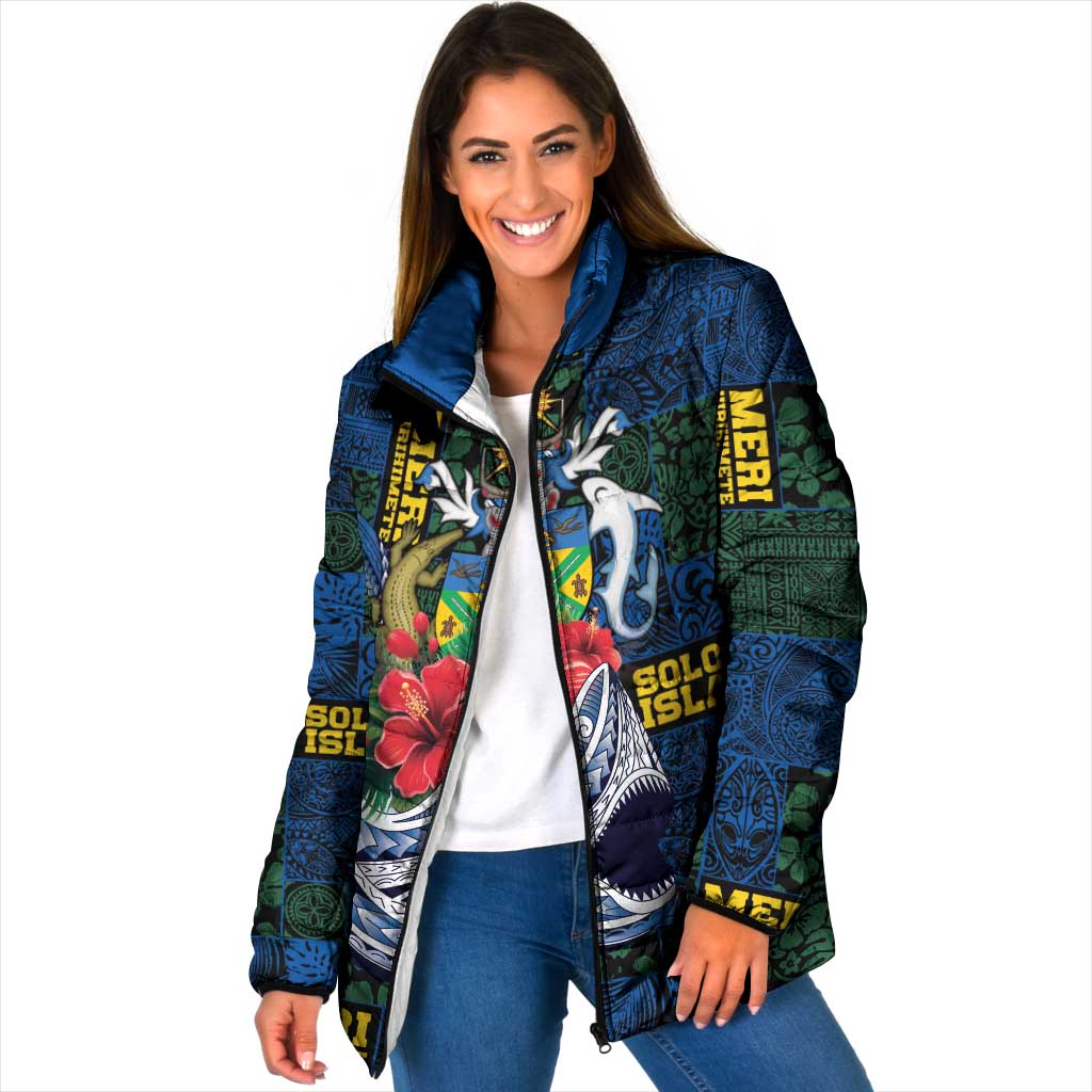Solomon Islands Meri Kirihimete Padded Jacket Funny Santa Riding Shark - Polynesian Pride